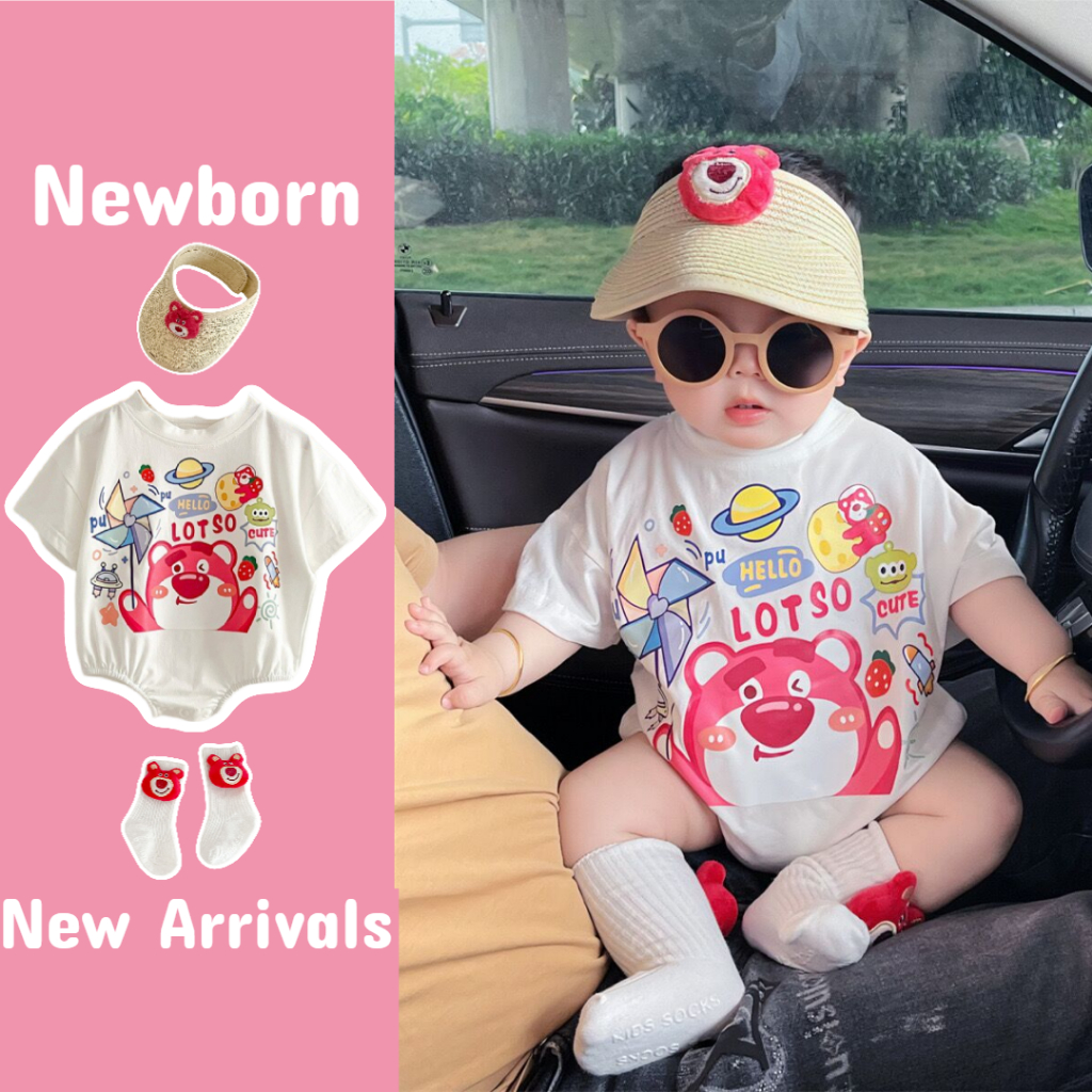 ทารกแรกเกิดการ์ตูน Romper สตรอเบอร์รี่หมีพิมพ์ฤดูร้อน Onesie - ชุดรอมเปอร์แขนสั้นสําหรับเด็กชายและเด็กหญิงสําหรับทารก (0-24 เดือน)