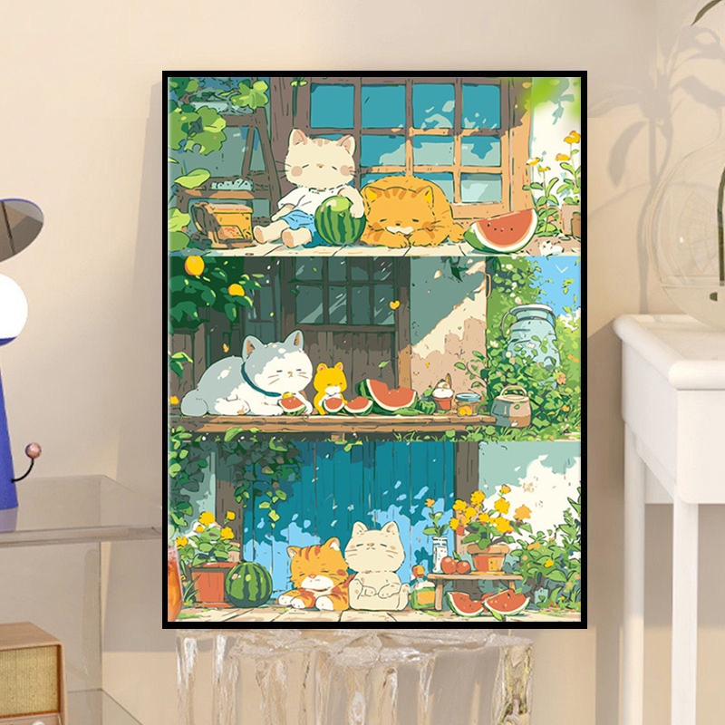 【ORFON】30×40cm/40×50cm ระบายสีตามตัวเลข/ภาพวาด/ภาพวาดผ้าใบ/ลูกแมวฤดูร้อน/สัตว์น่ารัก/ภาพแต่งห้อง