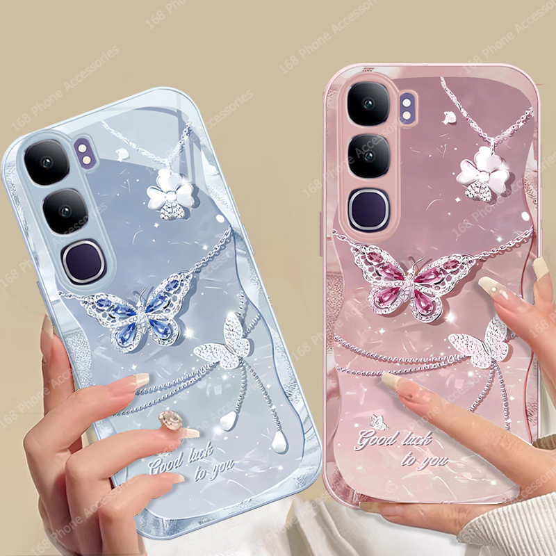 เคส Vivo Y200 5G เคสกันกระแทกสร้อยคอผีเสื้อน่ารักพร้อมฝาครอบกล้องตัวป้องกันเลนส์หรูหรากระจกเหลวเคสโทรศัพท์สําหรับสาวผู้หญิง