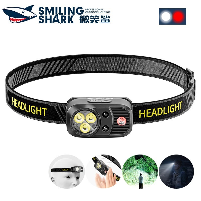 SmilingShark TD0202 ไฟฉายคาดหัว LED เซนเซอร์ ไฟหน้ามินิ ซุปเปอร์ไบรท์ ขาว/แดง ไฟฉายคาดหัว 5โหมด Type-C ชาร์จใหม่ได้ น้ำหนักเบา กันน้ำสำหรับตั้งแคมป์เดินป่าตกปลา