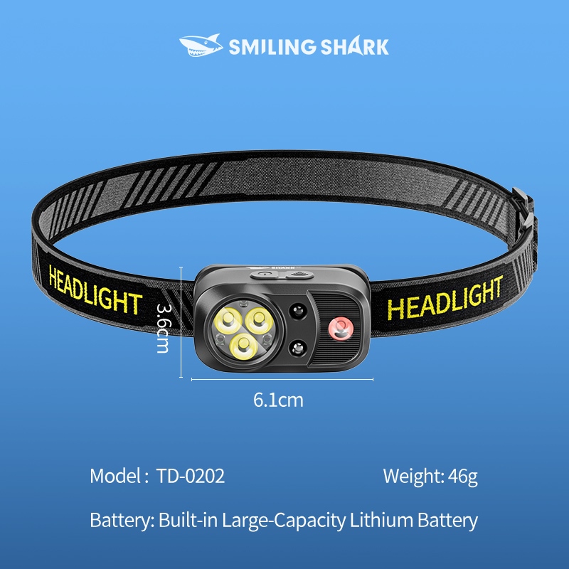 SmilingShark TD0202 ไฟฉายคาดหัว LED เซนเซอร์ ไฟหน้ามินิ ซุปเปอร์ไบรท์ ขาว/แดง ไฟฉายคาดหัว 5โหมด Type-C ชาร์จใหม่ได้ น้ำหนักเบา กันน้ำสำหรับตั้งแคมป์เดินป่าตกปลา