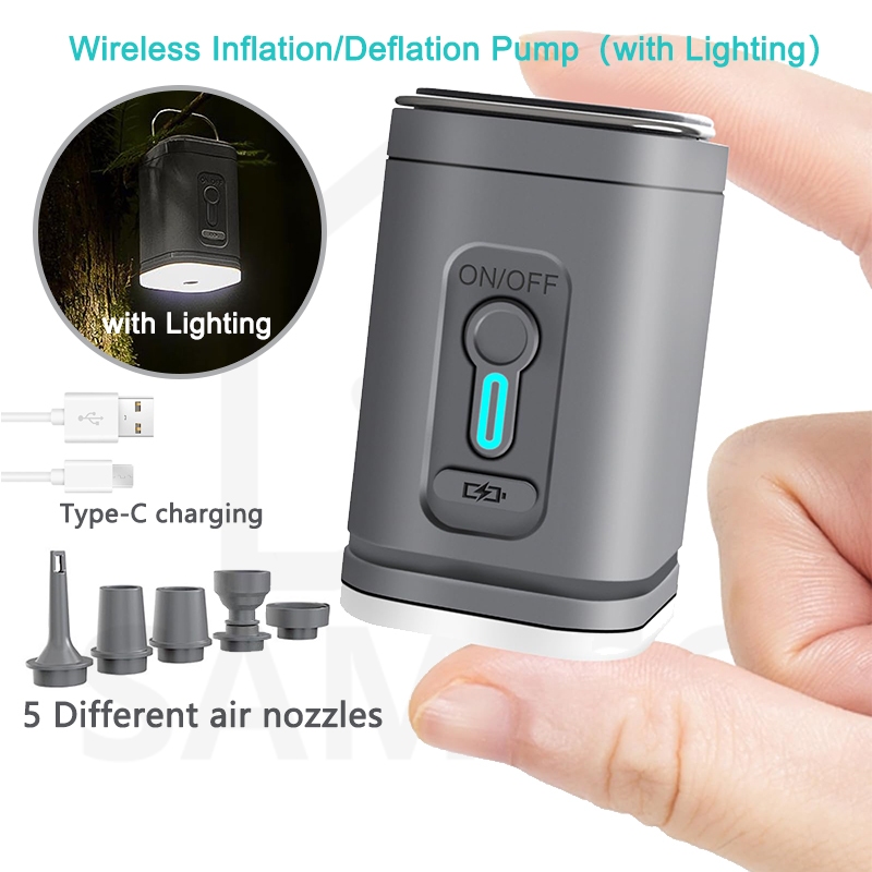 ปั๊มลมไร้สายขนาดเล็กปั๊มลมแบบพกพาพร้อมไฟตั้งแคมป์พองอย่างรวดเร็วสําหรับแผ่นนอนที่นอนลมของเล่นสระว่ายน้ําลอยแหวนว่ายน้ําถุงเก็บสูญญาก