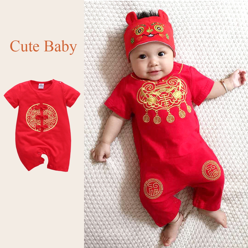 0-24 เดือนทารกแรกเกิดเสื้อผ้า Jumpsuit Boy แขนสั้นน่ารักสีแดงฉลองตรุษจีน CNY Cheongsam Romper