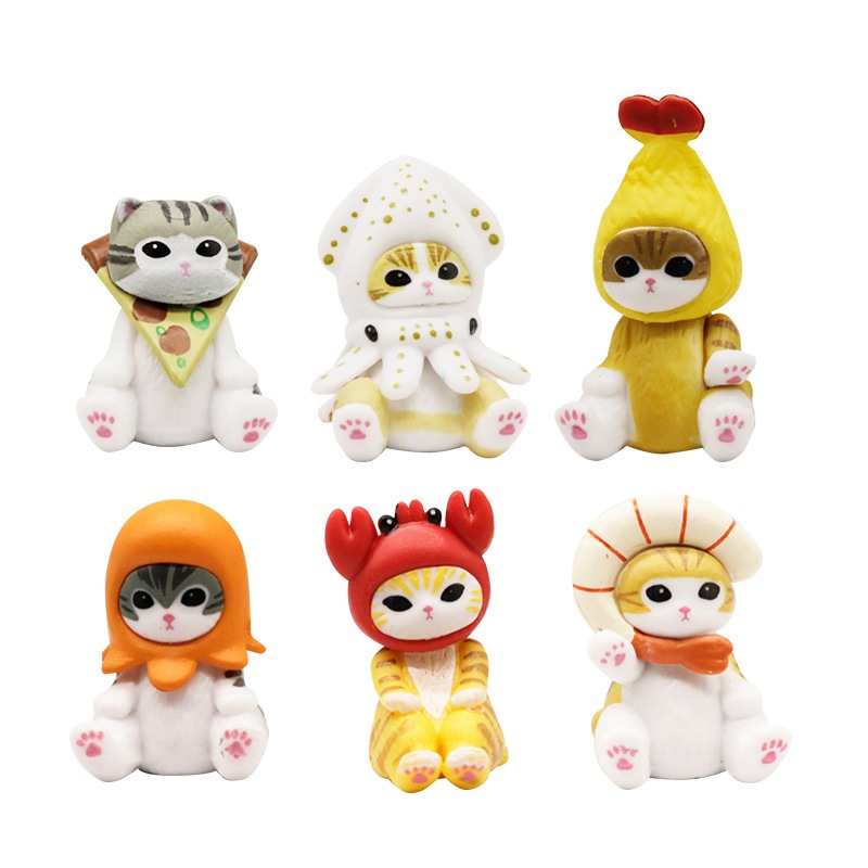 6 ชิ้น/เซ็ต 3-4 ซม.อะนิเมะ Mofusand Shark Cat Marine Life กุ้งทอดแมวปลาหมึกปูแซนวิชรุ่น Q PVC Action