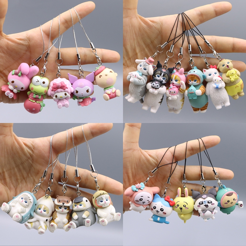 5 ชิ้น/6 ชิ้น/เซ็ตอะนิเมะ Mofusand Shark Cat เชือกโทรศัพท์มือถือ Marine Life ปลาหมึก My Melody Kuromi Chikawa Key Chain รุ่น Q PVC Action Figure ตุ๊กตาของเล่น