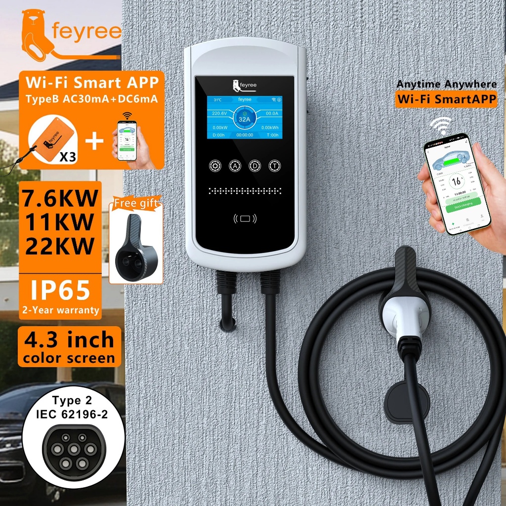 Feyree 4.3 นิ้วหน้าจอขนาดใหญ่ EV Charger ประเภท 2 7.6kw Wallbox พร้อม APP ชาร์จประวัติศาสตร์บันทึก 1