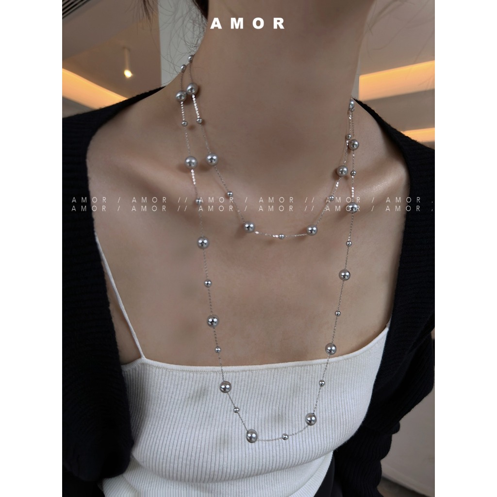 สร้อยคอท้องฟ้าเต็มไปด้วยดวงดาวมุกแก้วสีเทาพร้อมหลายรูปแบบสวมใส่โซ่เสื้อกันหนาววินเทจสําหรับผู้หญิง