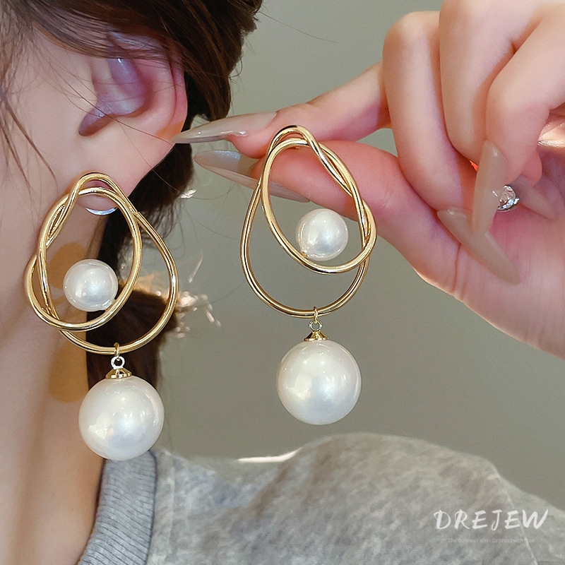 Drejew เข็มเงิน Water Drop Cross Pearl Stud ต่างหูผู้หญิง Niche แฟชั่นต่างหูอเนกประสงค์