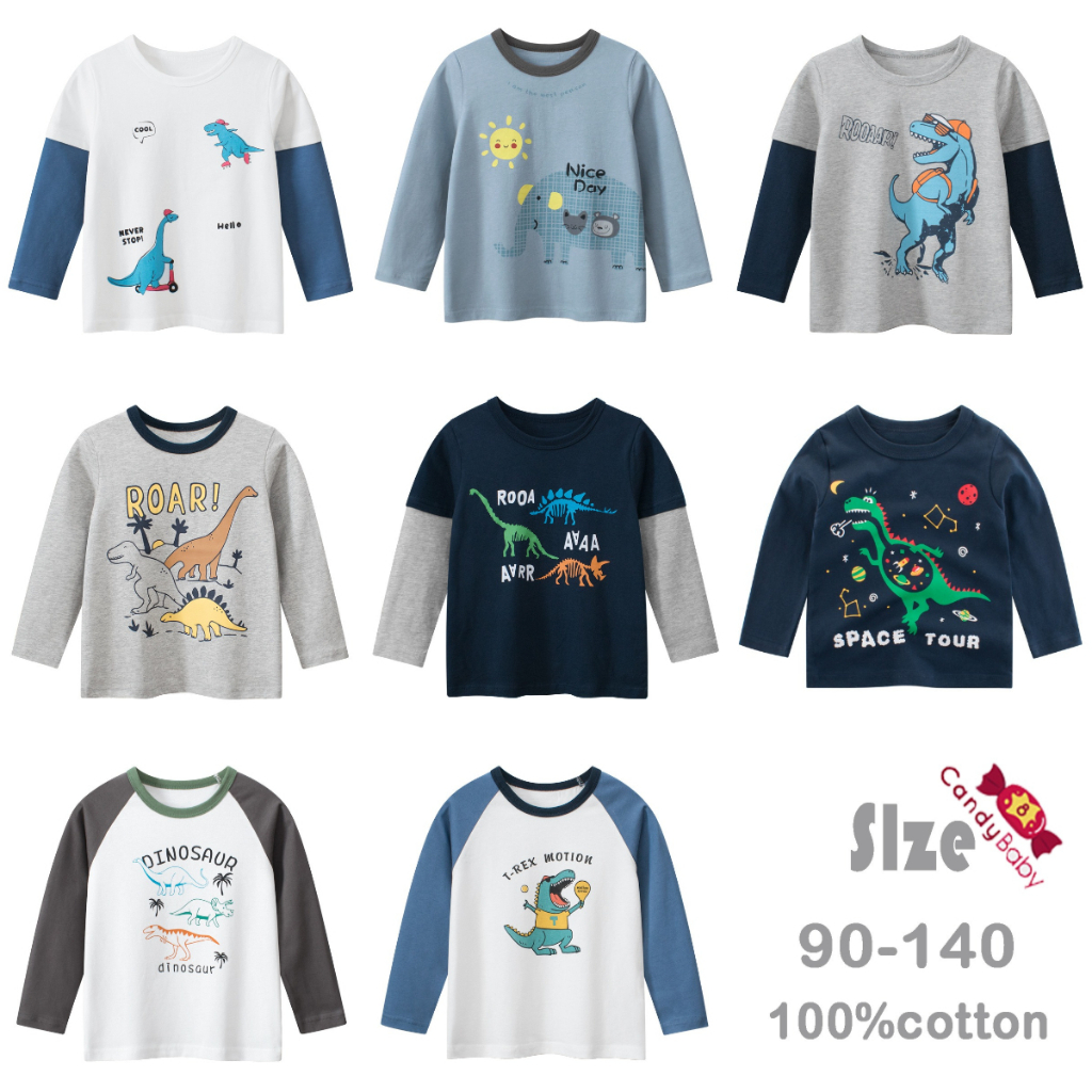 เสื้อยืดแขนยาว ผ้าฝ้ายแท้ ลายการ์ตูนไดโนเสาร์ สําหรับเด็กผู้ชาย และเด็กผู้หญิง อายุ 1-8 ปี