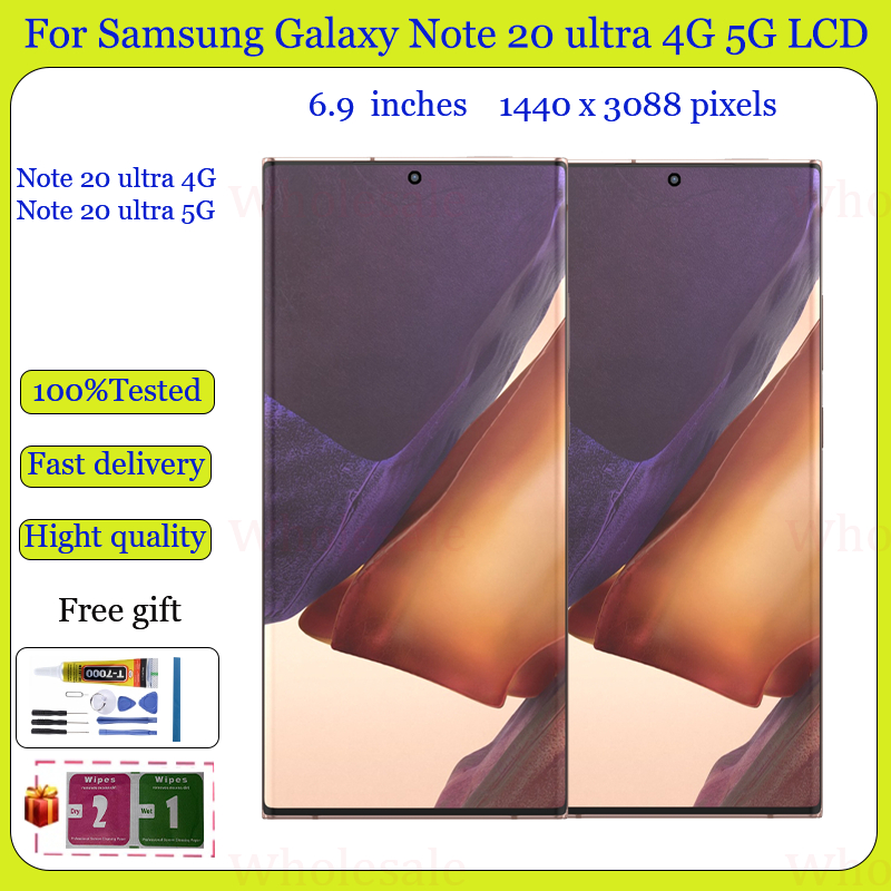 Original AMOLED Samsung Galaxy Note 20 ultra 4G 5GจอแสดงผลLCDหน้าจอสัมผัสพร้อมกรอบเปลี่ยน