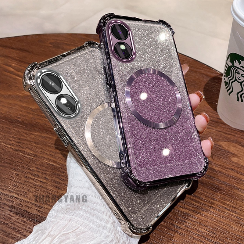 กรณีสําหรับoppo A78 5G A58 5Gประกายแป้งสี่มุมไฟฟ้าAnti DROPเคสโทรศัพท์ความงามแม่เหล็กดูดแหวนออกแบบใหม่TPU soft case