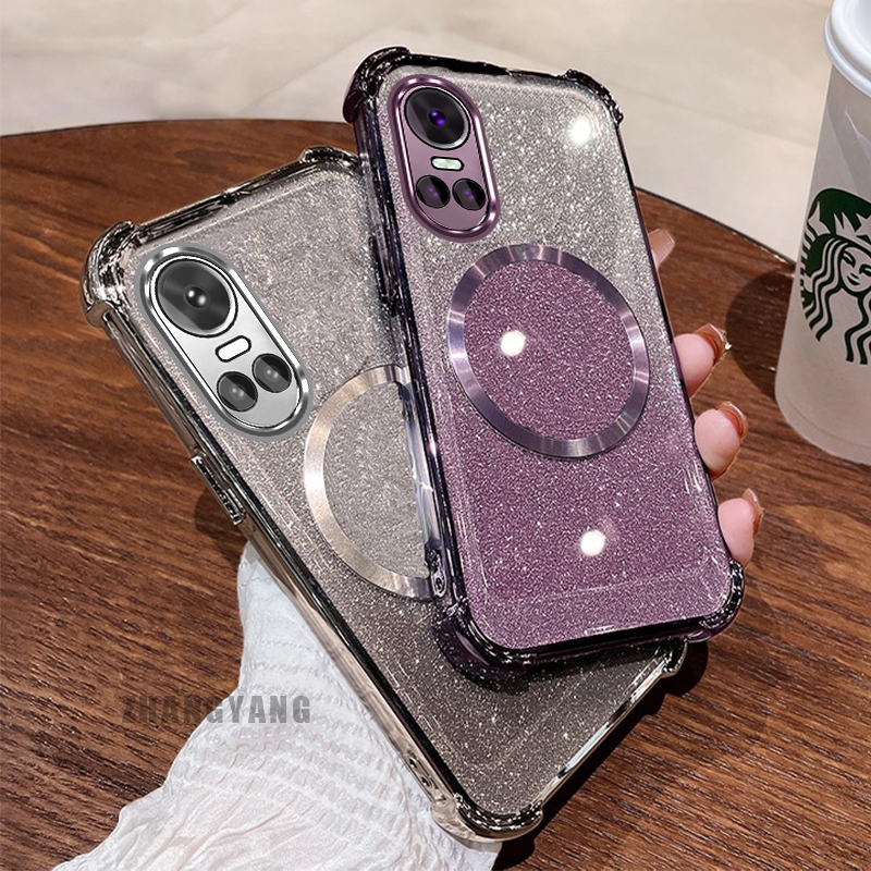 กรณีสําหรับ OPPO RENO 10 5G RENO 10 Pro 5G ประกายแป้งสี่มุมไฟฟ้า anti drop เคสโทรศัพท์ความงามแม่เหล็กดูดแหวนออกแบบใหม่ TPU นุ่ม
