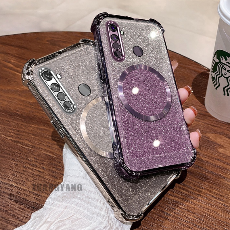 สําหรับrealme 5 5i 5s 6i c3 Sparklingแป้งสี่มุมไฟฟ้าAnti Dropเคสโทรศัพท์ความงามแหวนดูดแม่เหล็กออกแบบใหม่TPU soft case