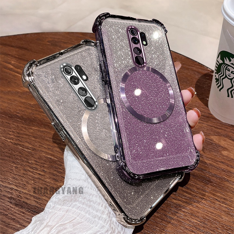 เคส สําหรับ เรดมี่ 9 ผงประกายสี่มุมชุบด้วยไฟฟ้าป้องกันการตกเคสโทรศัพท์ความงามแหวนดูดแม่เหล็กดีไซน์ใหม่ ทีพียู เคสนิ่ม