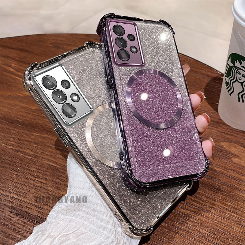 SAMSUNG กรณีสําหรับsamsung A33 A53 A73 ผงประกายสี่มุมไฟฟ้าAnti DROPเคสโทรศัพท์ความงามแม่เหล็กดูดแหวนออกแบบใหม่TPU soft case