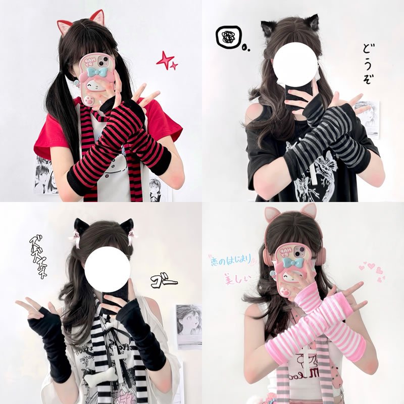 ถุงมือ Punk เสื้อกันหนาวสาวน้ําสุทธิสีแดงแสดงบางขี้เกียจ Hip-hop ลมเกาหลีถุงมือสีดํา Lamb Coat Goth ถุงมือ Lolita