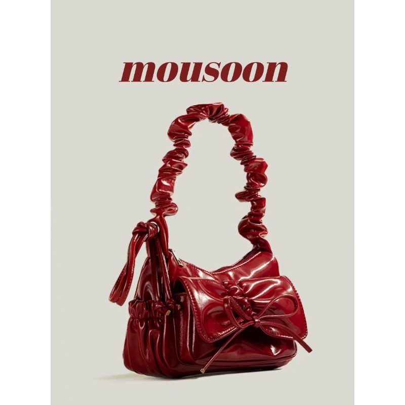 MOUSOON มูซูน สไตล์เกาหลีใต้วงแขนกระเป๋าผู้หญิงโบว์แฟชั่นใหม่พร็อพความรู้สึกสูงซอกกระเป๋าสะพายจีบ