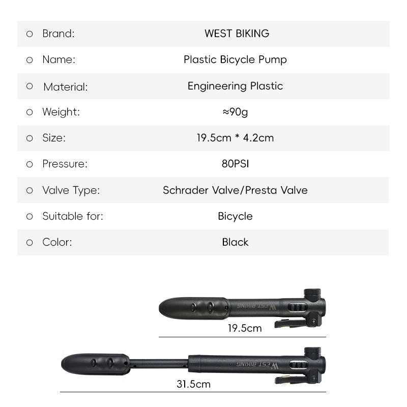 WEST BIKING แบบพกพาจักรยานปั๊มมือ 80Psi น้ําหนักเบา Mini Schrader/Presta วาล์ว Air Inflator อุปกรณ์เสริม — صورة 6