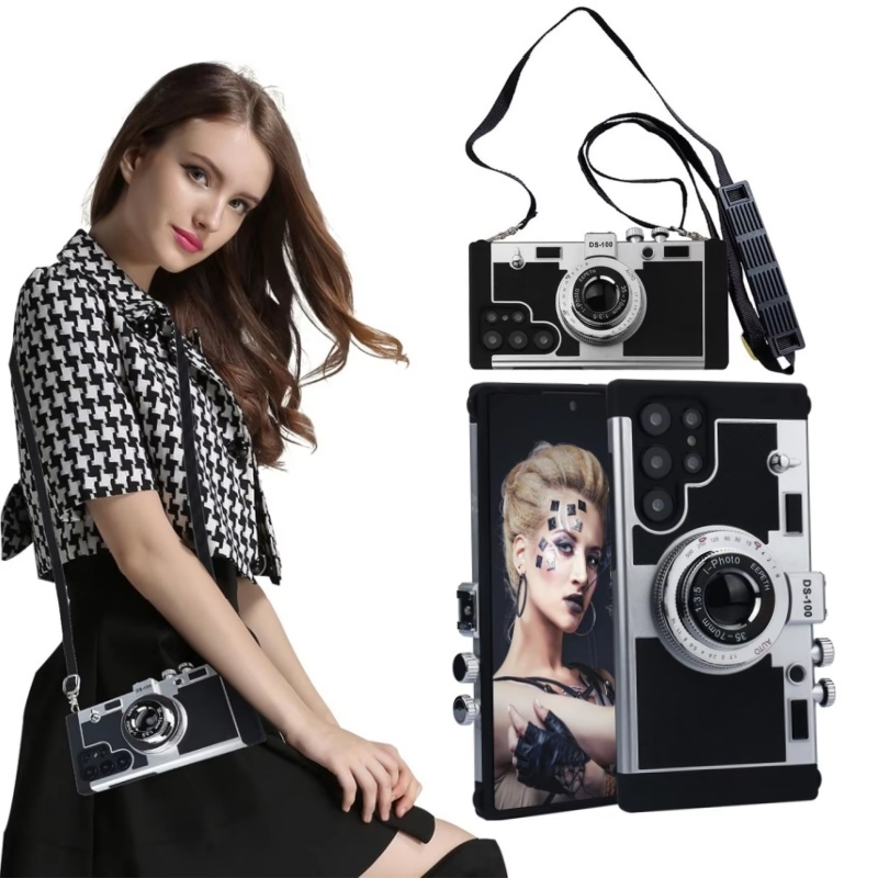 [เอมิลี่ในปารีส] 3d Design Retro Camera Samsung Mobile Cover S24 S21 A35 Case พร้อมสายยาวสําหรับ Sam