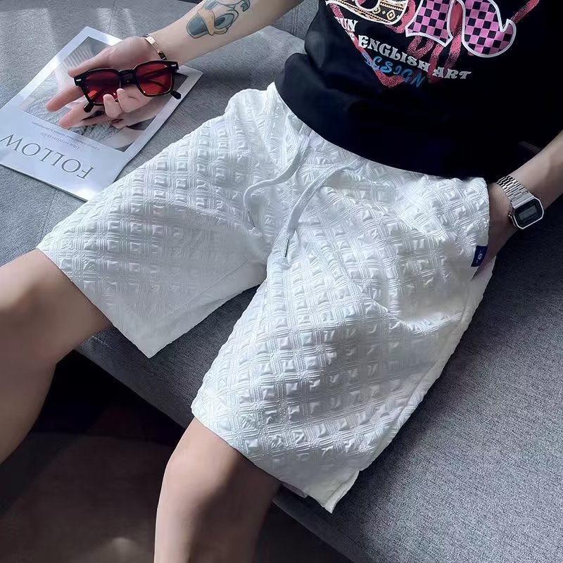 กางเกงขาสั้นขาสั้น กางเกงขาสั้นผู้ชาย 3D Plaid Bumpy Korean Simple Casual Mens Shorts