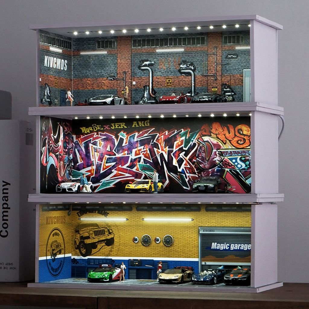 Diorama 1/64 รถโรงรถรุ่น City Parking Lot รุ่น LED Lighting Maintenance Workshop พื้นหลังฉากจอแสดงผลรุ่น
