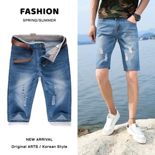 กางเกงยีนส์ขาสั้นผู้ชาย 28-40 เอวยางยืดกระเป๋าข้างผ้าดีคุณภา…