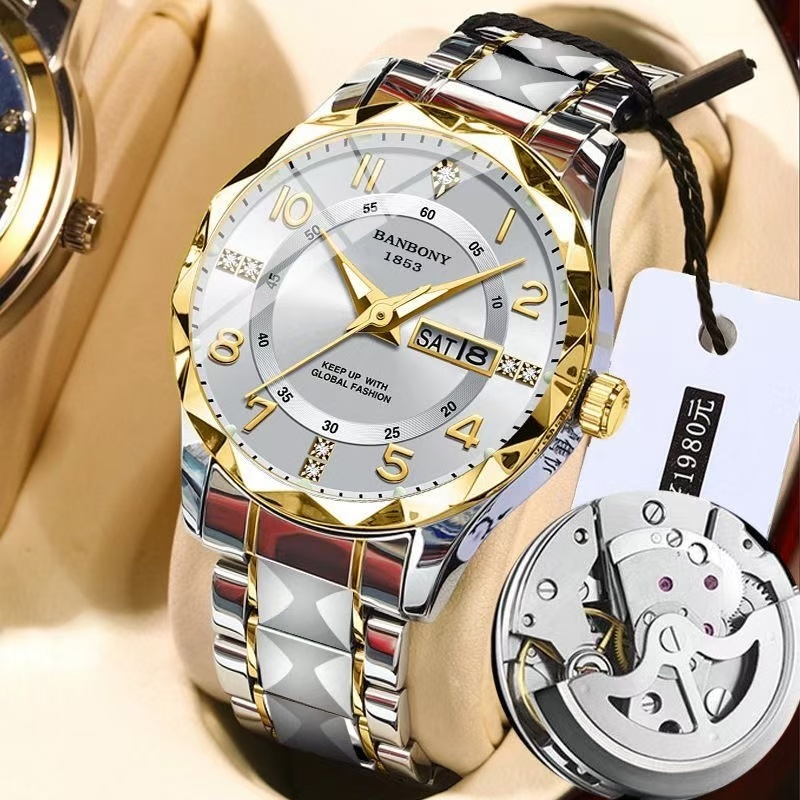 Swiss Mens Automatic Hollow Mechanical Diamond High-End Dual ปฏิทินส่องสว่างกันน้ําแบรนด์ที่มีชื่อเสียงชื่อนาฬิกาของขวัญสายเหล็ก