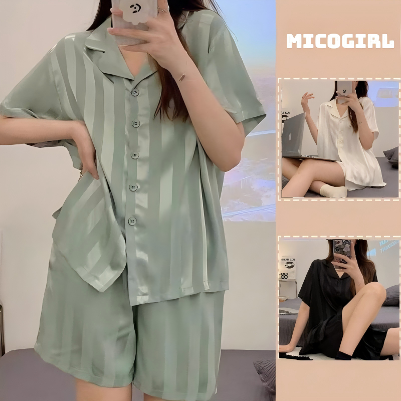 micogirl ชุดนอนสตรี ชุดนอนผ้าซาติน ชุดนอนผ้าไหมน้ำแข็งฤดูร้อน ลายตรง เสื้อแขนสั้น+กางเกงขาสั้น