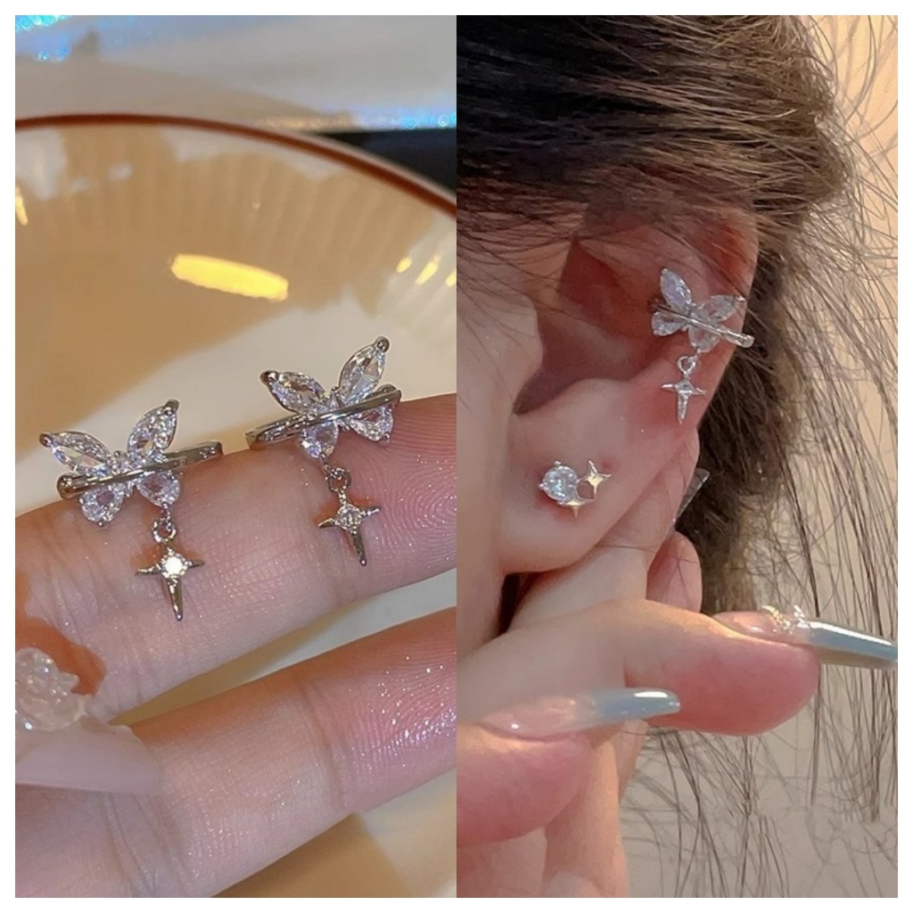 Silver Buttfly Zircon Ear Studs คลิปหู PIercing ต่างหูอุปกรณ์เสริมที่หรูหราสําหรับผู้หญิงสาว