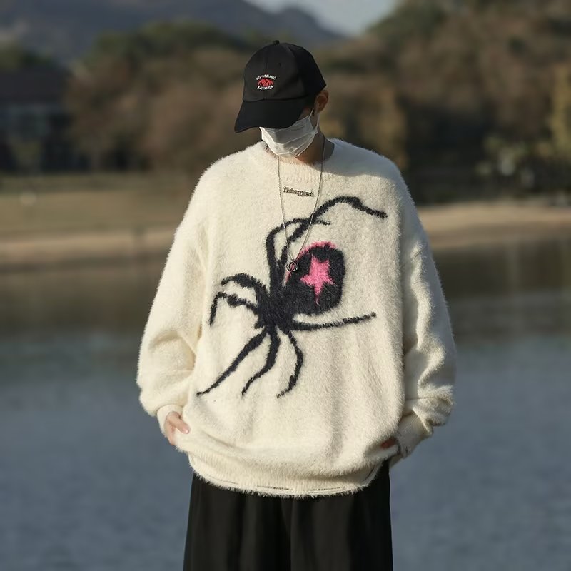 เสื้อถักเสื้อสวมหัวลายแมงมุมแบบใหม่สําหรับฤดูใบไม้ร่วงและฤดูหนาวหลวมและลําลอง