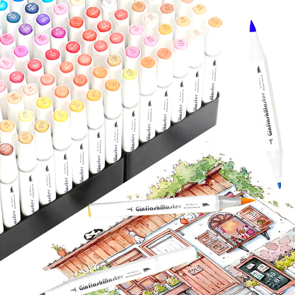 Ginflash Brush & Fine Tip การ์ตูน Art Marker ปากกาแปรง Sketch แอลกอฮอล์ตามเครื่องหมาย Dual เคล็ดลับสี Marker มังงะวาด Animation