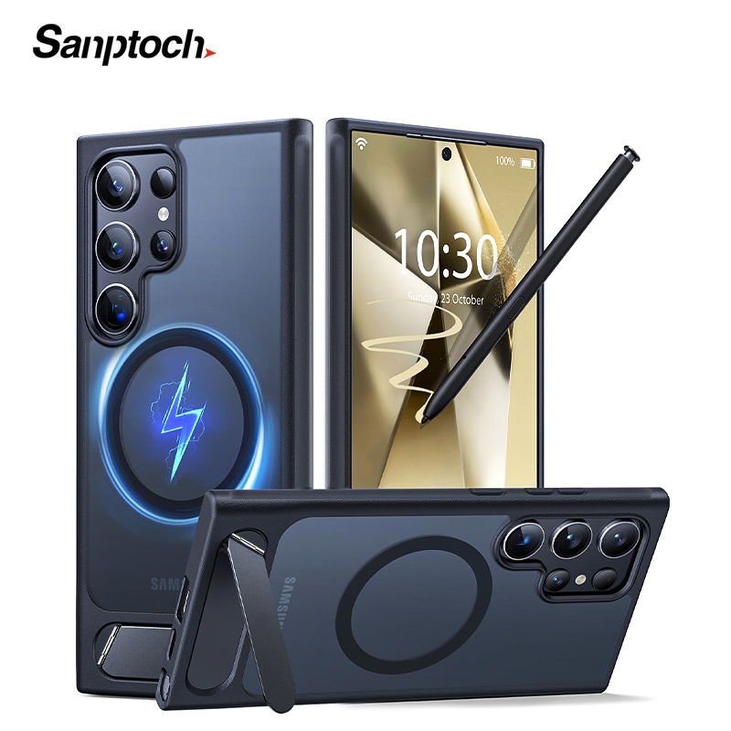 Sanptoch แม่เหล็กที่มองไม่เห็นขาตั้งเคสโทรศัพท์สําหรับ Samsung S24 Ultra Plus สําหรับ Magnetic Matte โปร่งแสง Hard ฝาหลังสําหรับ S23 Ultra FE ทหาร Drop Protection ปลอกโลหะผสม H