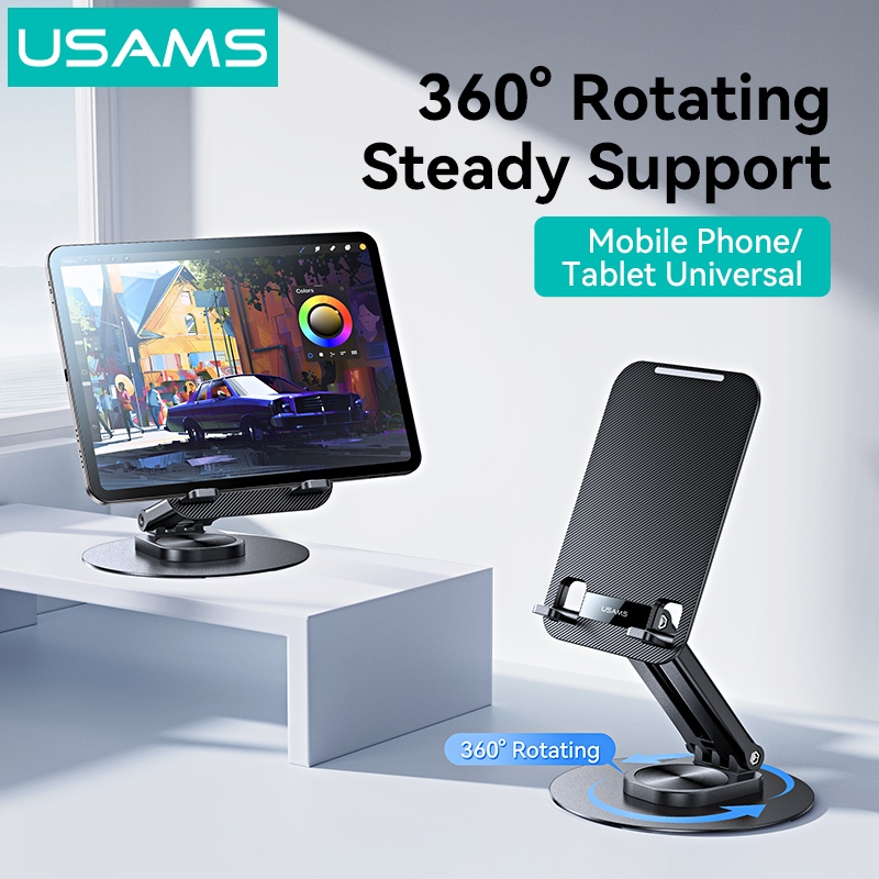 Usams ที่วางโทรศัพท์ที่วางขาตั้งแท็บเล็ต 360° ขาตั้งแท็บเล็ตแบบพับได้แบบหมุนได้สําหรับอุปกรณ์ 4.7-12 นิ้ว