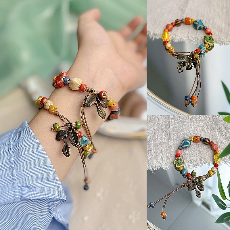 ใหม่จีนที่มีสีสันเซรามิกดาวสร้อยข้อมือย้อนยุคโลหะใบจี้ผู้หญิงเครื่องประดับมือสําหรับผู้หญิงสร้อยข้อมือ