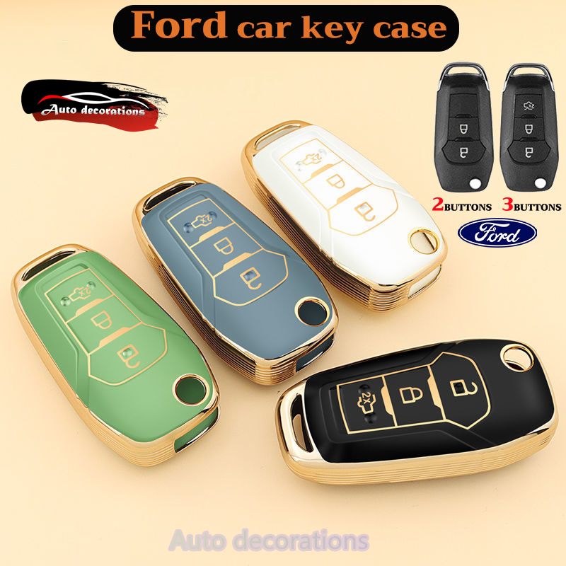 เคสกุญแจรถ Ford สําหรับ Ford RANGER EVEREST ปลอกกุญแจ RANGER xls 2018-2023 พวงกุญแจขอบทอง