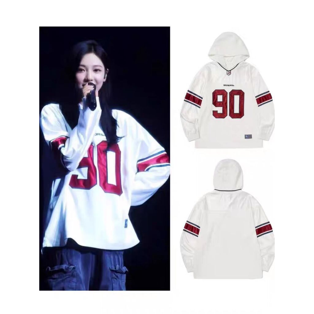 Aespa Ningning เกาหลีปักหลวมสบายๆแขนยาว Hooded Jersey อเมริกันย้อนยุค WKNDRS ผู้หญิงด้านบน