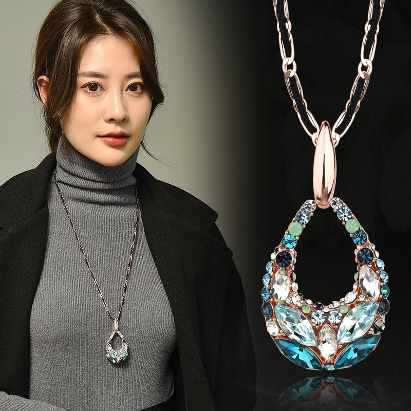 High-end Feeling Baroque ยาวประดิษฐ์คริสตัลจี้เสื้อกันหนาวฤดูใบไม้ร่วงฤดูหนาวแฟชั่นอินเทรนด์ Boutique All-Match Water Drop จี้ลูกปัดสร้อยคอโซ่แส้