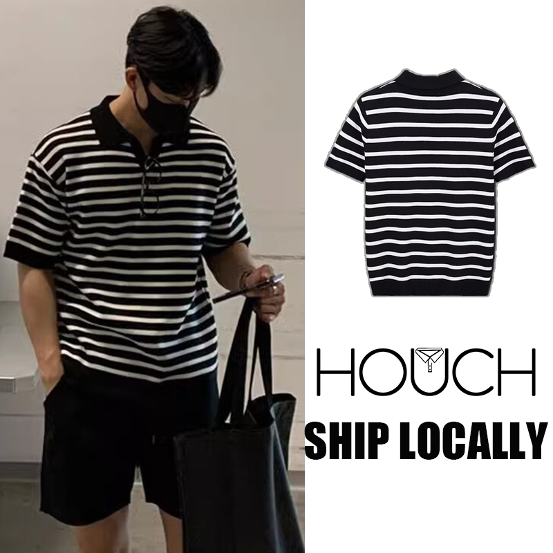 Houch พร้อมส่ง COD โปโลผู้ชายมีลายทาง ไม่มีกระดุม และเนื้อผ้าหนาแต่ไม่บาง ใส่สบาย ทําดี สไตล์เกาหลี