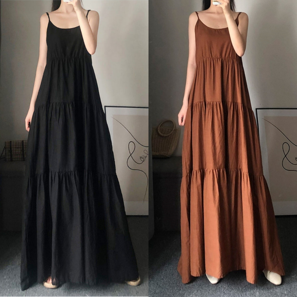 Bella Shop 🌻 กระโปรงยาวสายเดี่ยวทรงหลวม กระโปรงทรงเอบานใหญ่สีพื้น