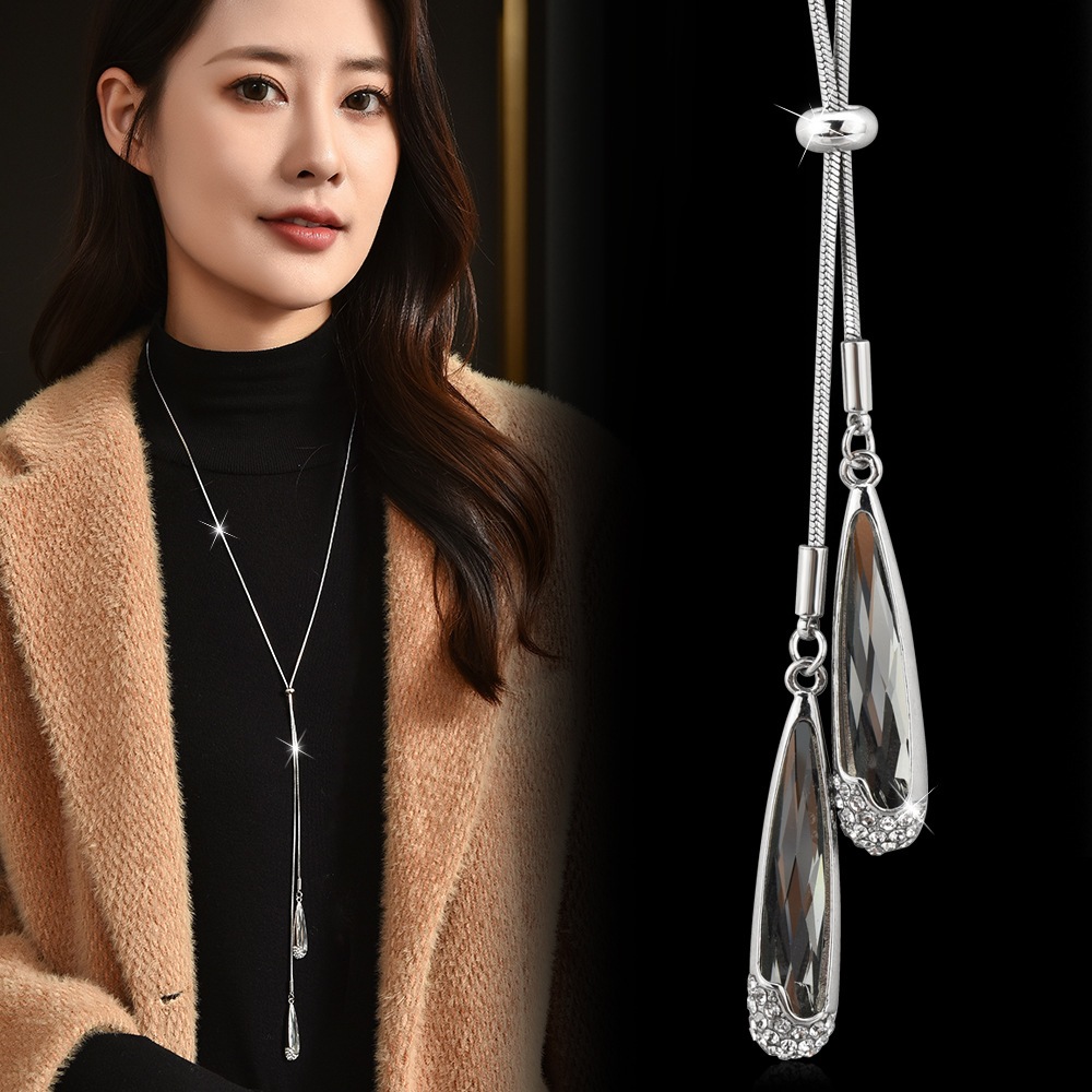 High-end Feeling Baroque ยาวสไตล์ Pull-out Diamond-studded Water Drop พู่จี้เสื้อกันหนาวฤดูใบไม้ร่วงฤดูหนาวแฟชั่นอินเทรนด์ Boutique All-Match Teardrop ลูกปัด