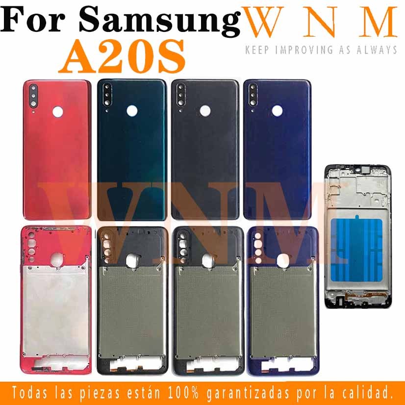 สําหรับ Samsung Galaxy A20S A207 A207F LCD กรอบด้านหน้า Bezel ฝาหลังแบตเตอรี่ + กรอบกลาง + ชิ้นส่วนกรอบรูปกล้องด้านหลังกรณีที่อยู่อาศัยศูนย์แชสซี + ปุ่ม