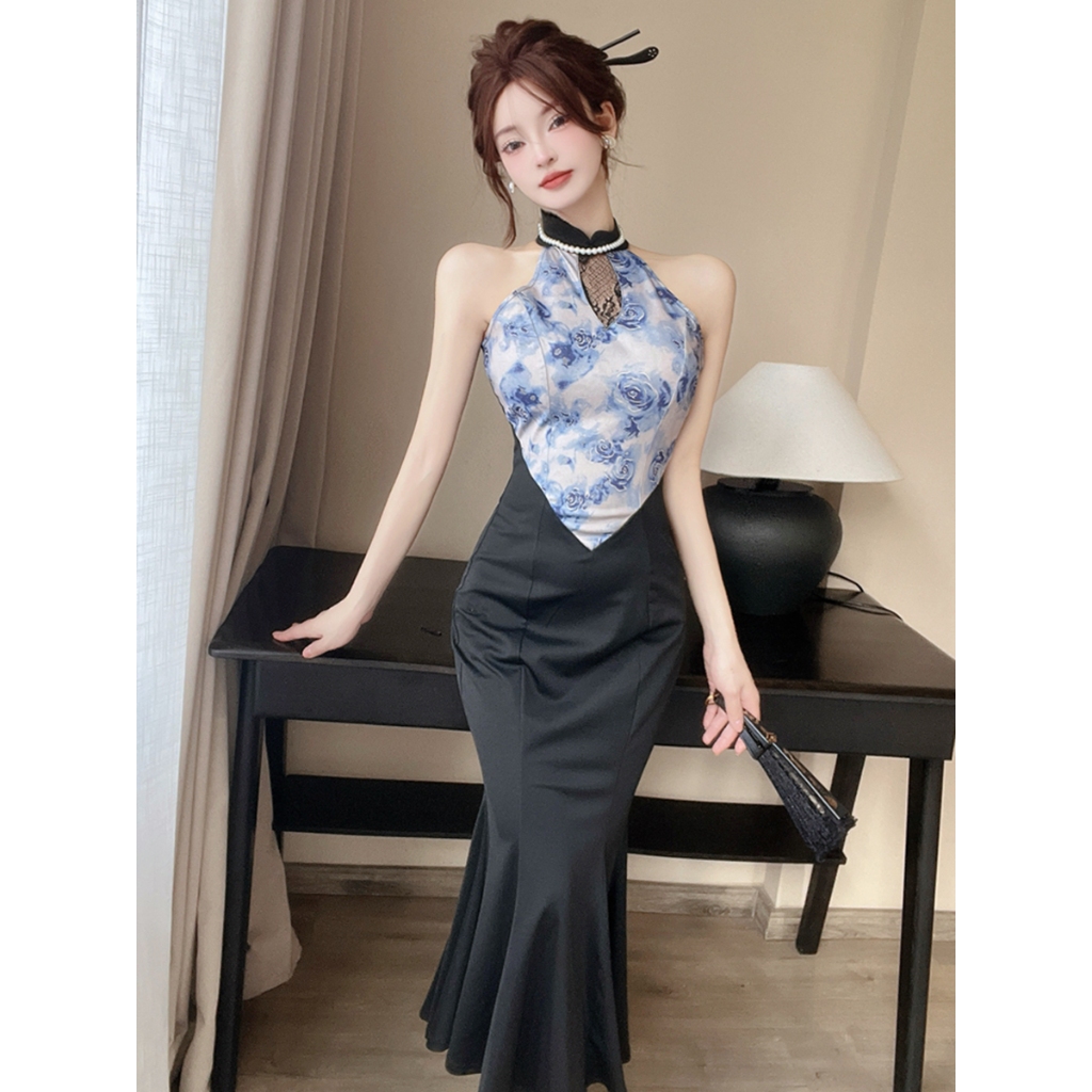 ดอกไม้สีแขนกุด Cheongsam ชุดราตรีผู้หญิงฤดูร้อน Fishtail Halterneck ชุดสะโพก
