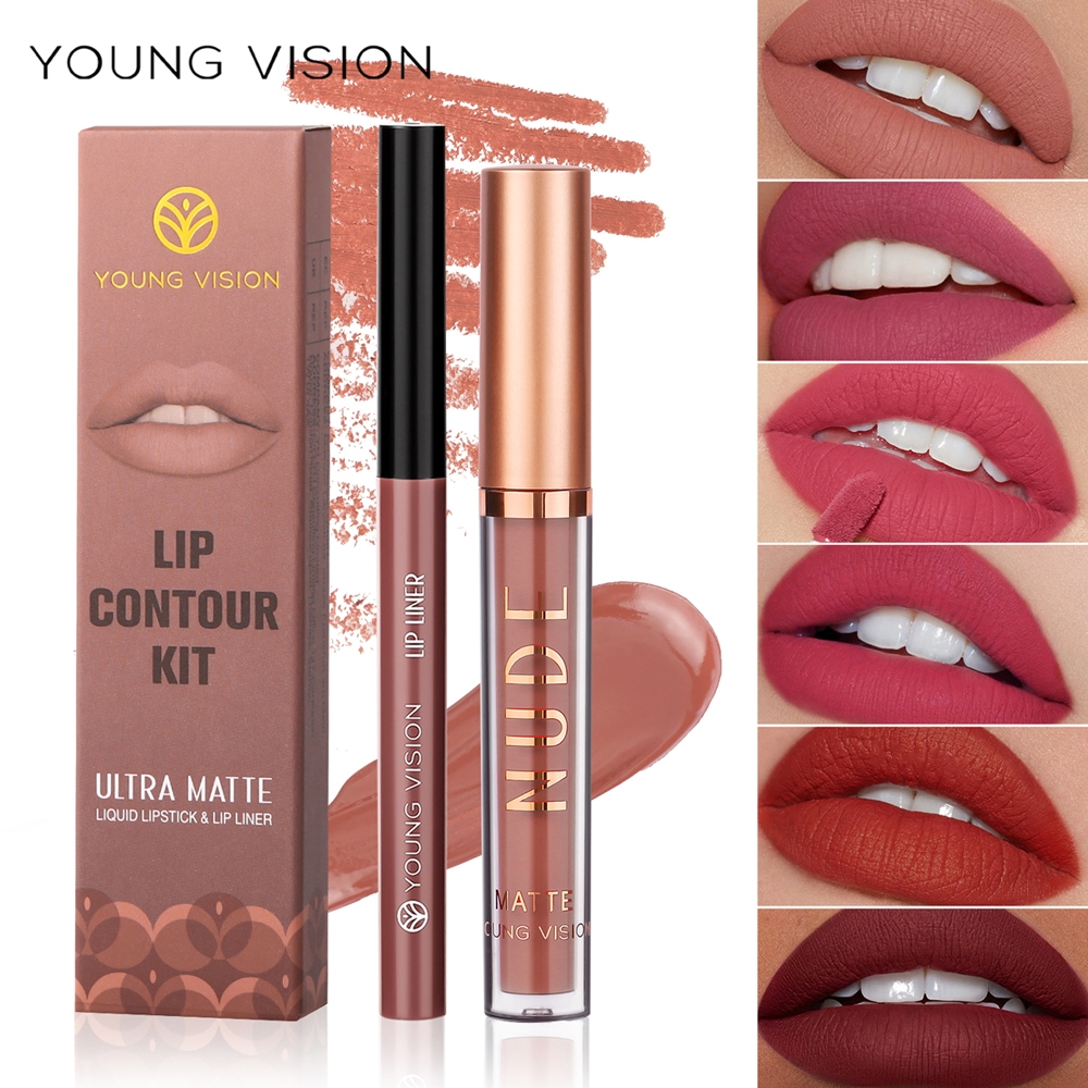 YOUNG VISION ชุดลิป โกลส์ และ ลิปไลเนอร์ 2 ชิ้น ชุดลิป โกลส์ แบบแมท ไม่ติดแก้ว
