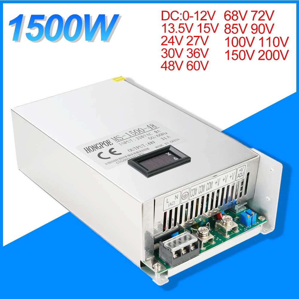 แหล่งจ่ายไฟสลับ MS-1500W 110V/220V AC ถึง DC 12V 13.5V 15V 24V 36V 48V 60V 72V 80V 110V 150V 220V แหล่งจ่ายไฟปรับแรงดันไฟฟ้า 110VAC/220VAC อินพุตมอนิเตอร์ ไฟ LED หม้อแปลง