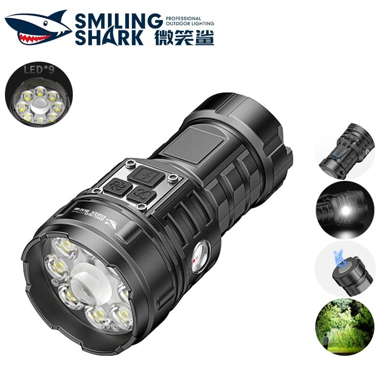 SmilingShark SD5295 ไฟฉาย led มินิ 9*แอลอีดี คบเพลิง ซุปเปอร์ไบรท์ 15โหมด แสงสีขาว / แดงและน้ำเงิน / ม่วง Type-C ชาร์จใหม่ได้ จอแสดงผลพลังงานดิจิตอล กันน้ำสำหรับเดินป่าตั้งแคมป์