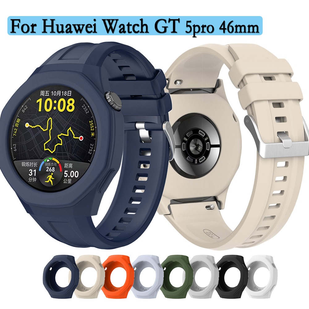 กรณี + สายคล้อง 2 ใน 1 สายนาฬิกาสําหรับนาฬิกา หัวเว่ย GT 5มือโปร 46มิลลิเมตรที่มีคุณภาพสูงซิลิคอนนาฬิกาป้องกันเชลล์และวงหนึ่งสีกร