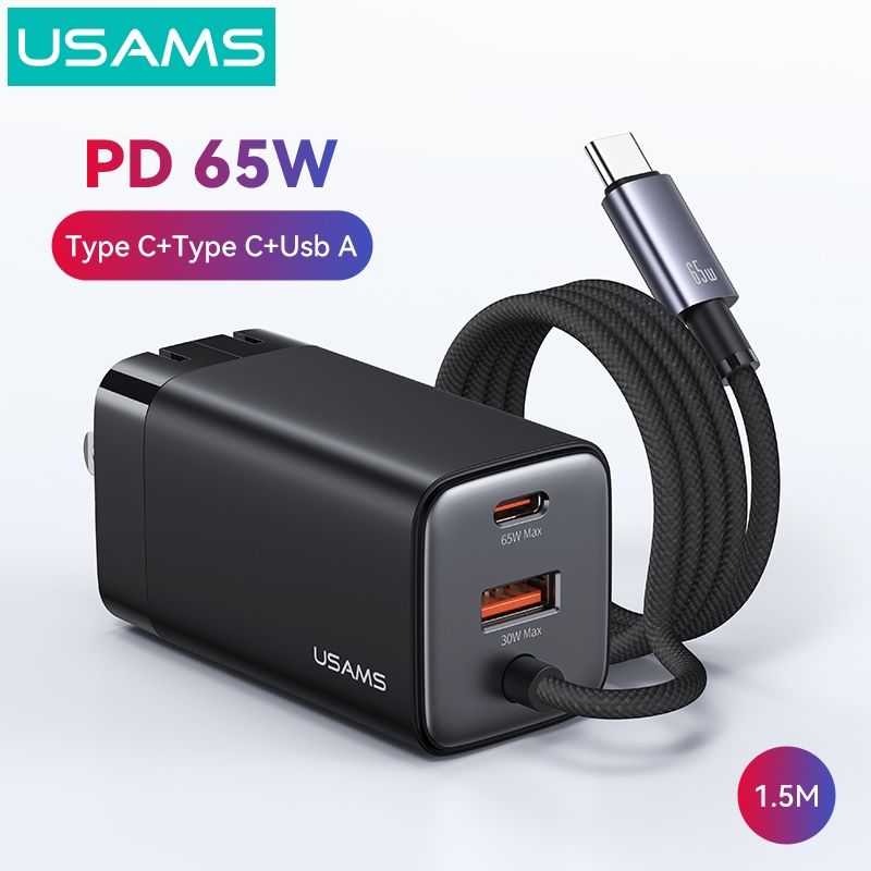 Usams (รับประกัน 1 ปี) 65W Type C GaN Charger พร้อมสาย 1.5m Fast Charger Adapter PD QC 3.0 4.0 USB C Quick Charger สําหรับแล็ปท็อปโทรศัพท์