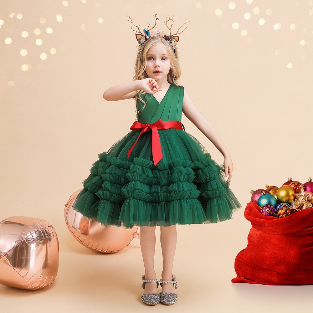 Fluffy สีเขียว Christmas Party ชุดสําหรับสาวเสื้อผ้าเครื่องแต่งกาย Tulle วันเกิดชุดเจ้าหญิงเด็กชุดราตรี L2095XZ