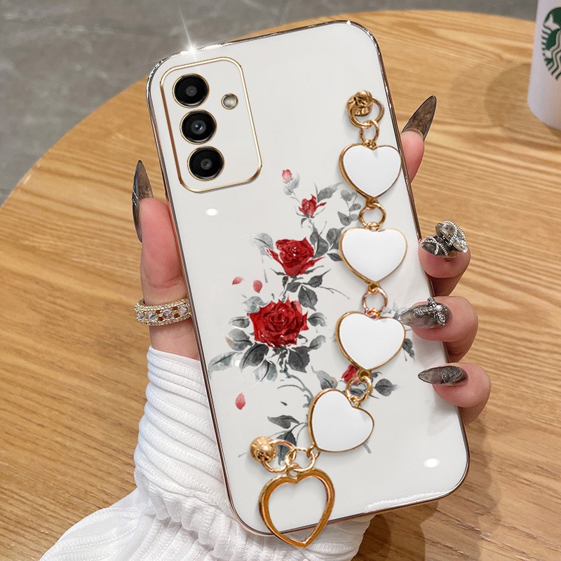 ปลอกสําหรับ Samsung Galaxy A55 A35 A25 A54 A34 A16 5G A15 A14 A13 4G 5G A24 A04S 4G Red Rose Electroplating Anti Drop เคสโทรศัพท์พร้อมสร้อยข้อมือรักฝาครอบป้องกัน