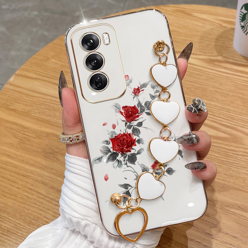 ปลอกสําหรับoppo Reno 12 5G Reno 12 F Reno12 Pro 5G 12F Red RoseElectroplating Anti Dropเคสโทรศัพท์พร้อมรักสร้อยข้อมือฝาครอบป้องกัน